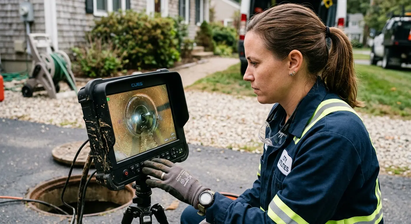 Technician reviewing sewer camera inspection footage in Lynnfield