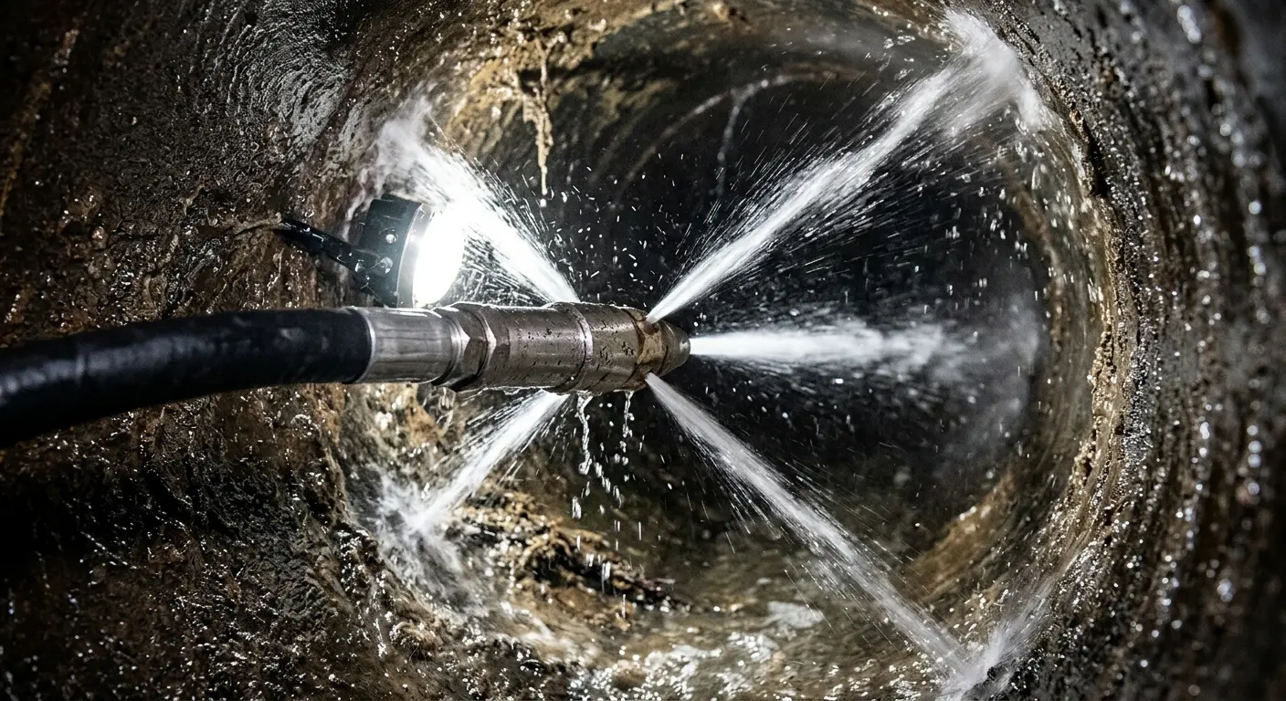 High-pressure hydro jetting nozzle cleaning sewer pipe for Sewer Line Relining in Lynnfield