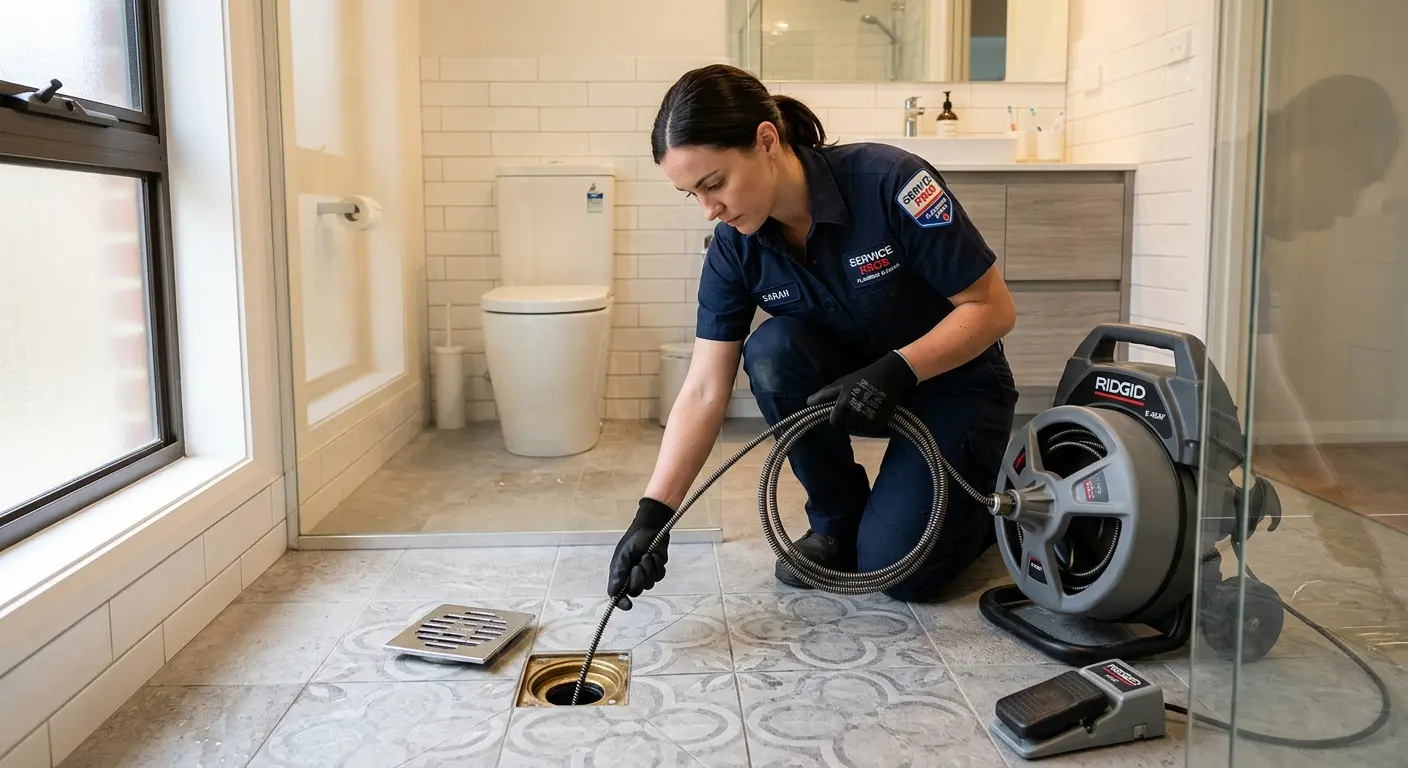 Technician clearing a bathroom floor drain for Hydro Jetting in Lynnfield